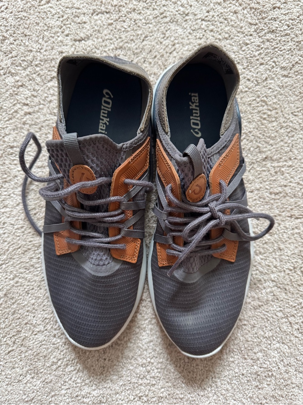 OluKai Men's Gray and Brown Lace-Up Knit Sneakers